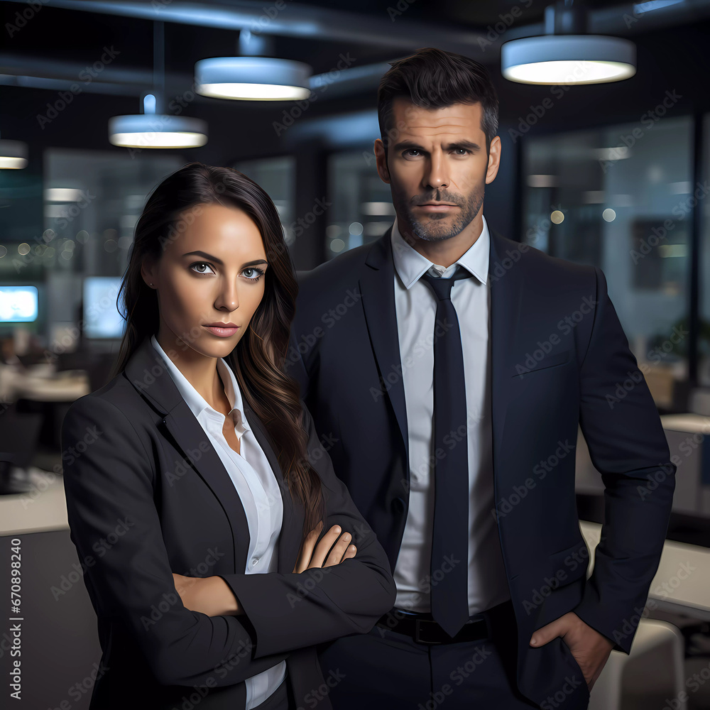 Two young managers or executive male and female standing together in an office, wearing formal suits, and looking at to camera. Half body shot portrait with blur background. Two young managers or executive male and female standing together in an office, wearing formal suits, and looking at to camera. Half body shot portrait with blur background.