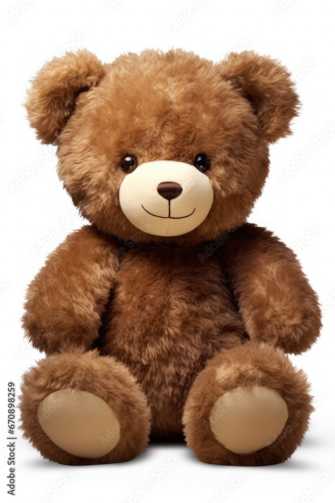 Fototapeta premium Cute dark brown fluffy teddy bear doll with a happy face and big shiny eyes on a white background