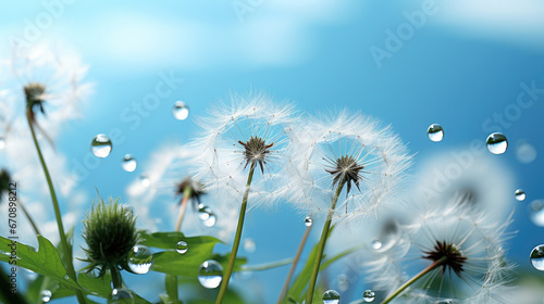 Dew drops falling from dandelion flower seeds in the morning sunlight on a bright blue sky background