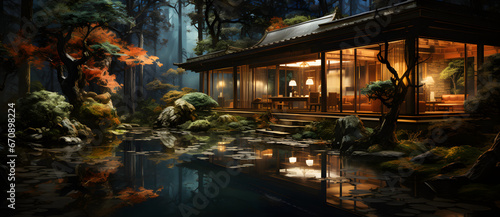 Ancient Chinese gardens in the forest at night contain buildings ponds bridges trees lights moon 15