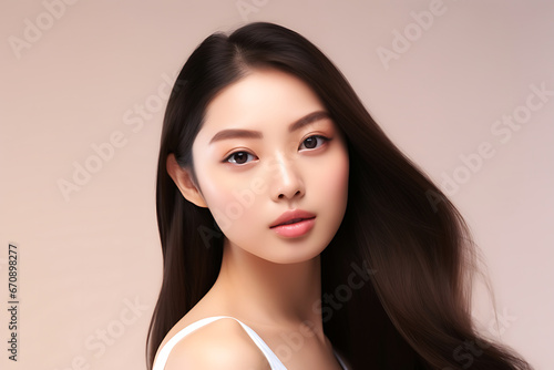 Beautiful young Asian woman with clean fresh skin on a pink background.