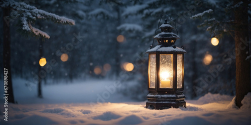 Christmas lantern glowing at night, copy space, Xmas card template