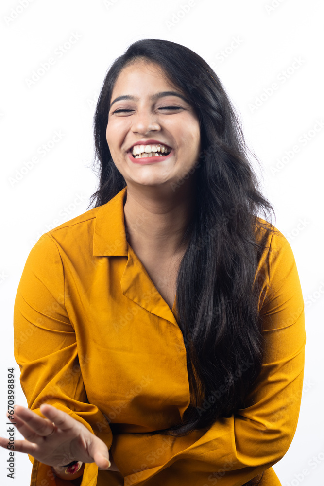 Young Indian, asian business woman, collage girl, student, confident female entrepreneur wearing professional outfit dress conversation expression isolated on white background Young Indian, asian business woman, collage girl, student, confident female entrepreneur wearing professional outfit dress conversation expression isolated on white background