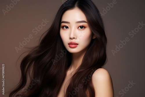 Beautiful young Asian woman with clean fresh skin on dark background, Face care, Facial treatment, Cosmetology, beauty and spa, Asian women portrait.