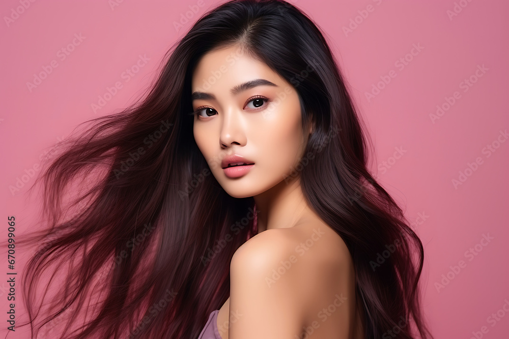 Beautiful young Asian woman with clean fresh skin on a pink background. Beautiful young Asian woman with clean fresh skin on a pink background.