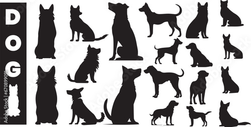 set of black silhouette dogs in various poses on white background