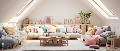 Attic Living Room with Pastel Cushions