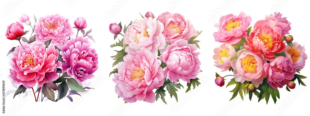 Watercolor pink peony flowers bouquet, peony flowers isolated on transparent background