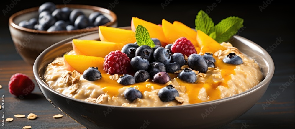 Healthy breakfast Mango and blueberry oatmeal Healthy breakfast Mango and blueberry oatmeal