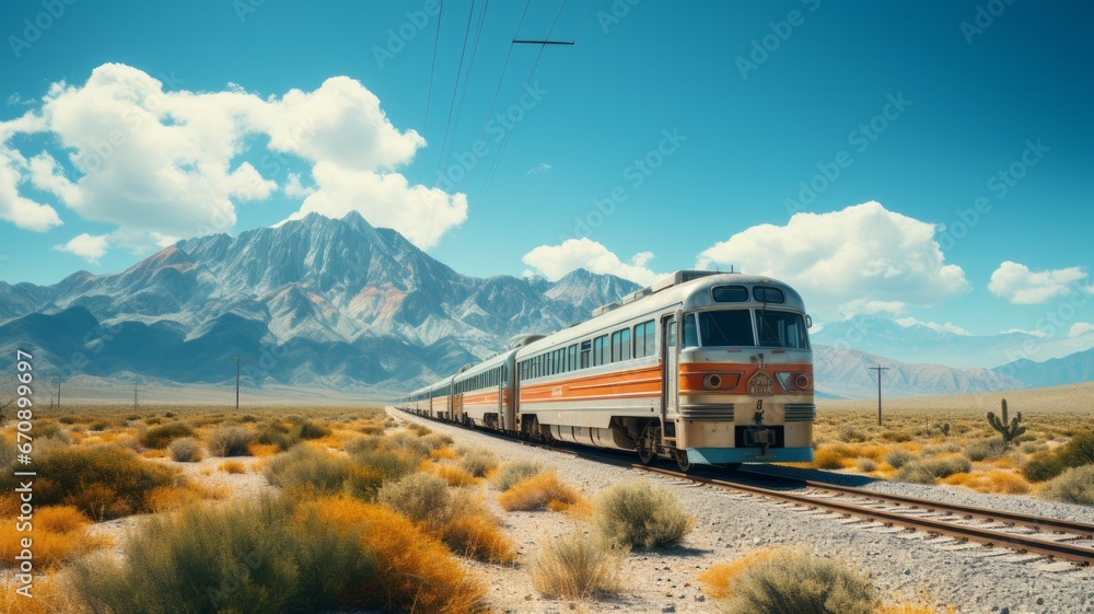 Train rides on railway tracks through the picturesque desert and mountain landscape
