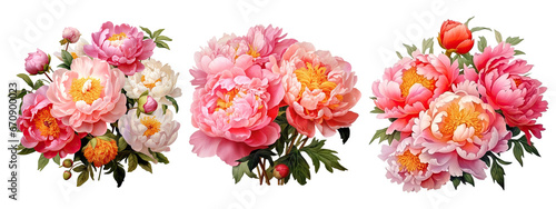 Watercolor pink peony flowers bouquet, peony flowers isolated on transparent background