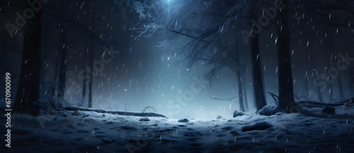 snow falling at night in a snowy dark forest with lights and stars Generated 7