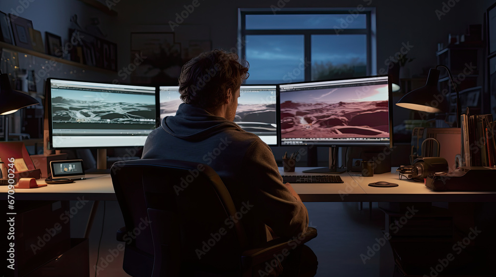 editor man sits working in a dark room with big computer monitor view from back editor man sits working in a dark room with big computer monitor view from back