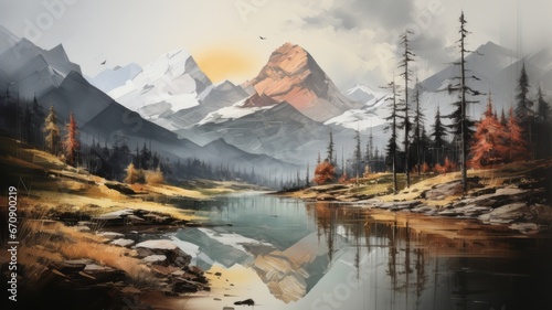 Oil Painting a stunning autumn landscape with a peaceful lake and majestic mountains.