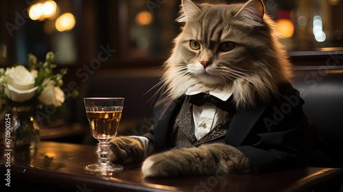 cute cat wearing tuxedo sitting and eating in fancy Japanese restaurant