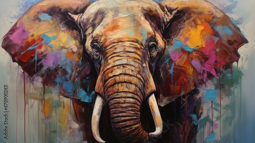 Animal portrait of an elephant as a colorful abstract oil painting photo