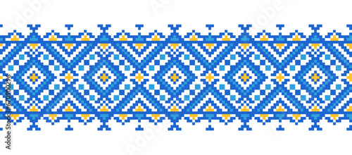 Ukrainian ornament for textile, fabric, cloth. Vector seamless pattern, print. Ukrainian folk, ethnic ornament in yellow and blue colors. Pixel art, vyshyvanka, cross stitch