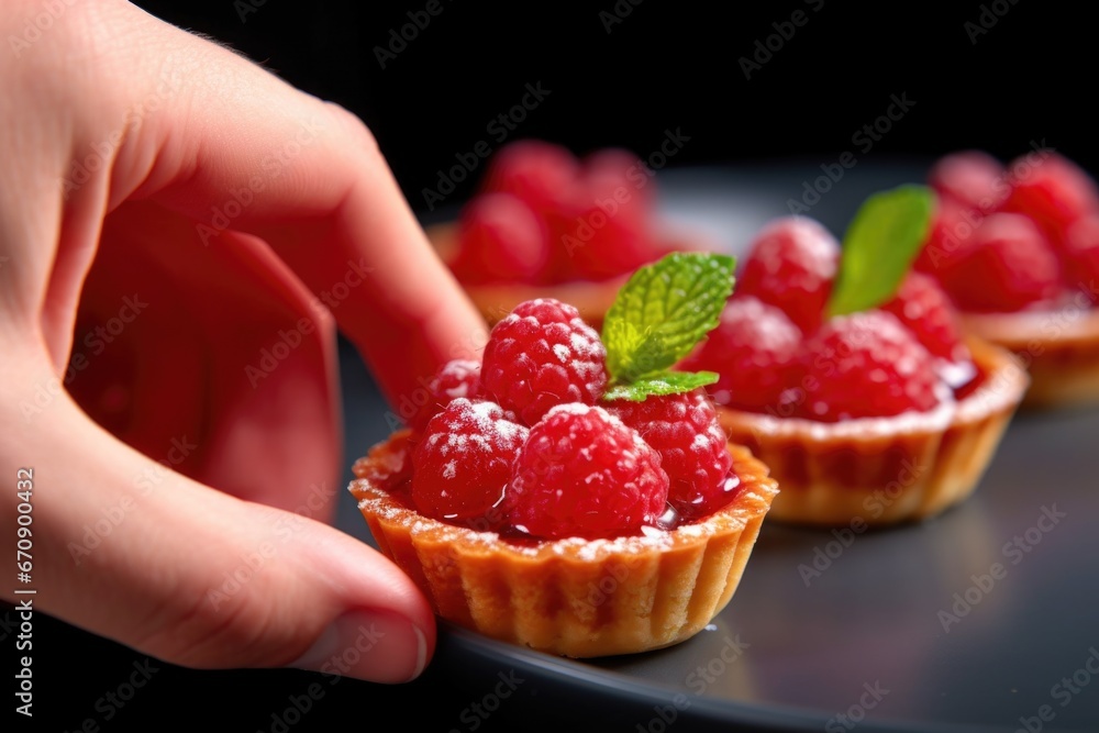 hand placing a raspberry on top of a small tartlette hand placing a raspberry on top of a small tartlette