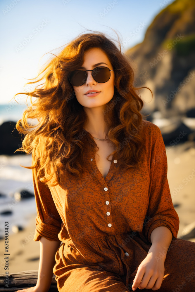 Woman with long hair and sunglasses on beach.