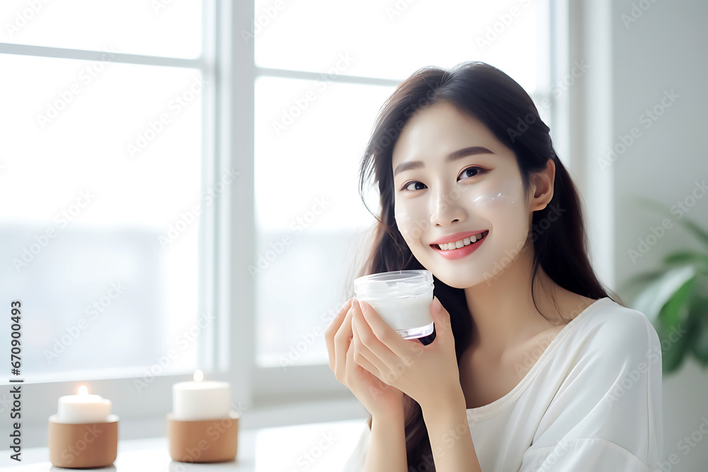 A beautiful Asian young woman with a cosmetic mask on her face or cream poses in a light interior with a jar of cosmetic product in her hands. The girl looks at the camera and smiles A beautiful Asian young woman with a cosmetic mask on her face or cream poses in a light interior with a jar of cosmetic product in her hands. The girl looks at the camera and smiles