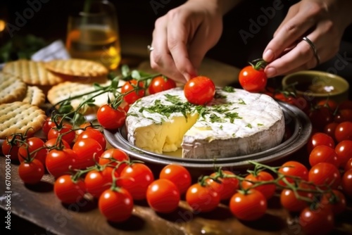 hand popping cherry tomatoes around a baked camembert on a tray