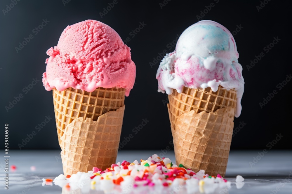 two similar ice cream cones with different flavor scoops two similar ice cream cones with different flavor scoops