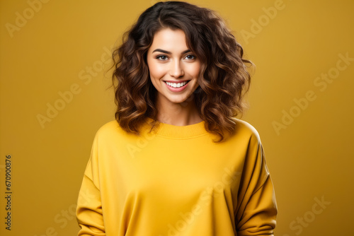 Woman with smile on her face and yellow sweater. © Yuliia