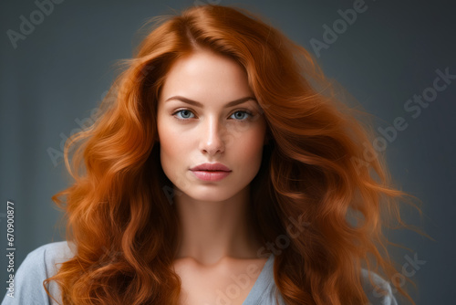 Woman with long red hair and blue eyes is looking at the camera.