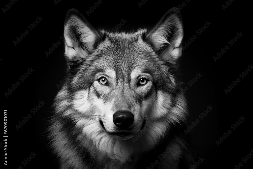 black and white portrait of wolf, AI generated black and white portrait of wolf, AI generated