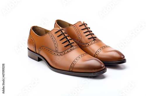 pair of elegant brown leather luxury men shoes on a white background created with Generative AI Technology