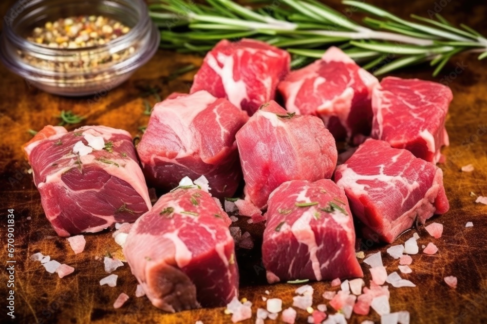 chunks of raw lamb rubbed delicately with garlic and rosemary chunks of raw lamb rubbed delicately with garlic and rosemary
