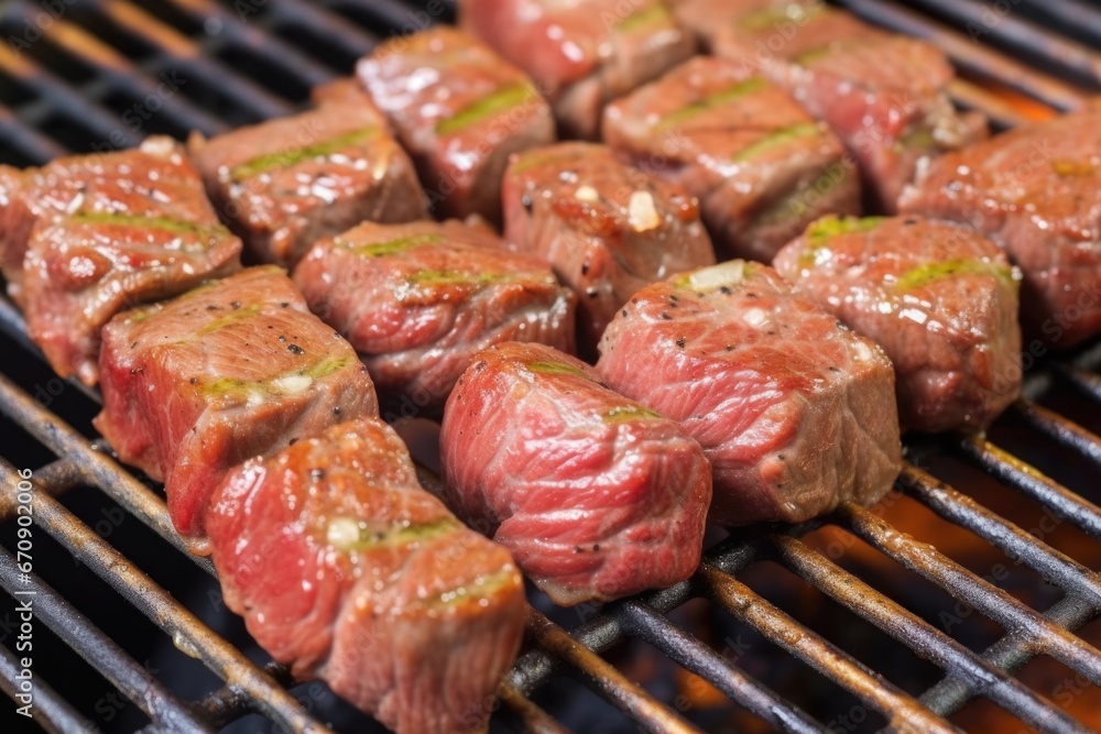 close-up of steak tips in garlic sauce, on a grill