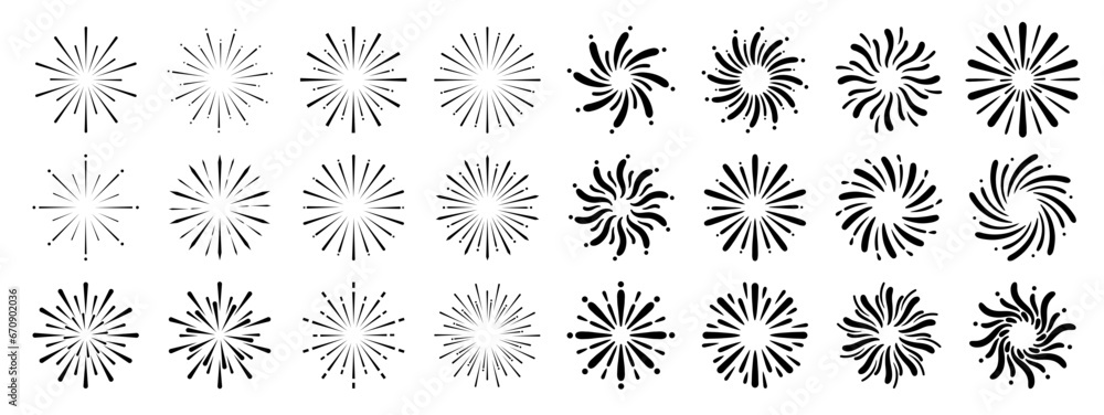 Set of new year firework vector illustration. Collection of black starburst, sunlight on white background. Art design suitable for decoration, print, poster, banner, wallpaper, card, cover, icon. Set of new year firework vector illustration. Collection of black starburst, sunlight on white background. Art design suitable for decoration, print, poster, banner, wallpaper, card, cover, icon.