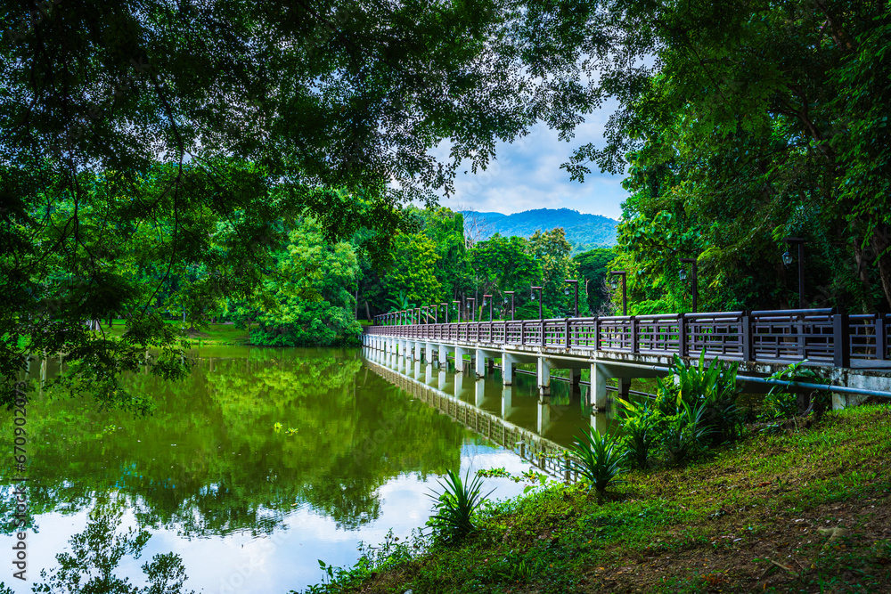 a public place leisure travel landscape the wooden bridge lake views at Ang Kaew Chiang Mai University and Doi Suthep nature forest Mountain views spring cloudy sky background with white cloud.