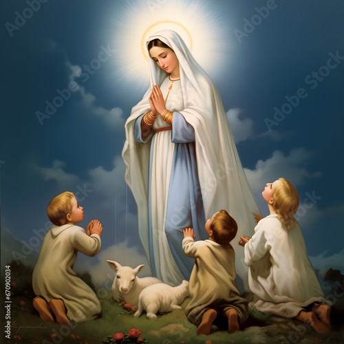 Virgin Mary, children prayers and goat. Our lady of fatima photo