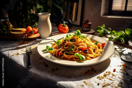 Generative AI illustration of homemade Spaghetti with tomato sauce