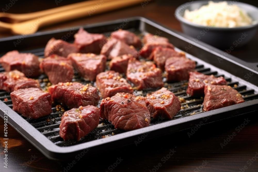 bbq steak tips on iron griddle garnished with garlic flakes bbq steak tips on iron griddle garnished with garlic flakes