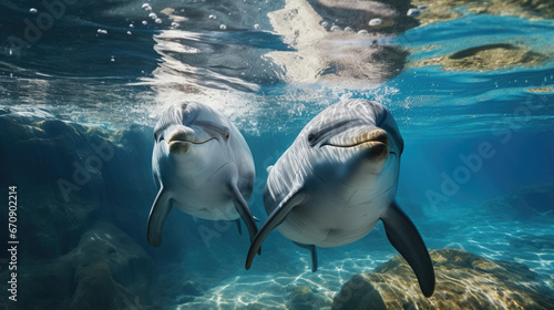 Two dolphins swimming together with open eyes and happy faces in shallow water near the surface of the water created with Generative AI Technology © AstraNova