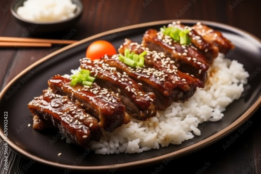 tender glazed pork ribs topped with sesame seeds tender glazed pork ribs topped with sesame seeds