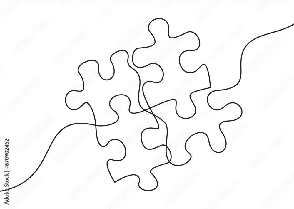 Continuous one line drawing of two pieces of jigsaw on white background. Puzzle game symbol and sign business metaphor of problem solving, solution, and strategy. Continuous one line drawing of two pieces of jigsaw on white background. Puzzle game symbol and sign business metaphor of problem solving, solution, and strategy.