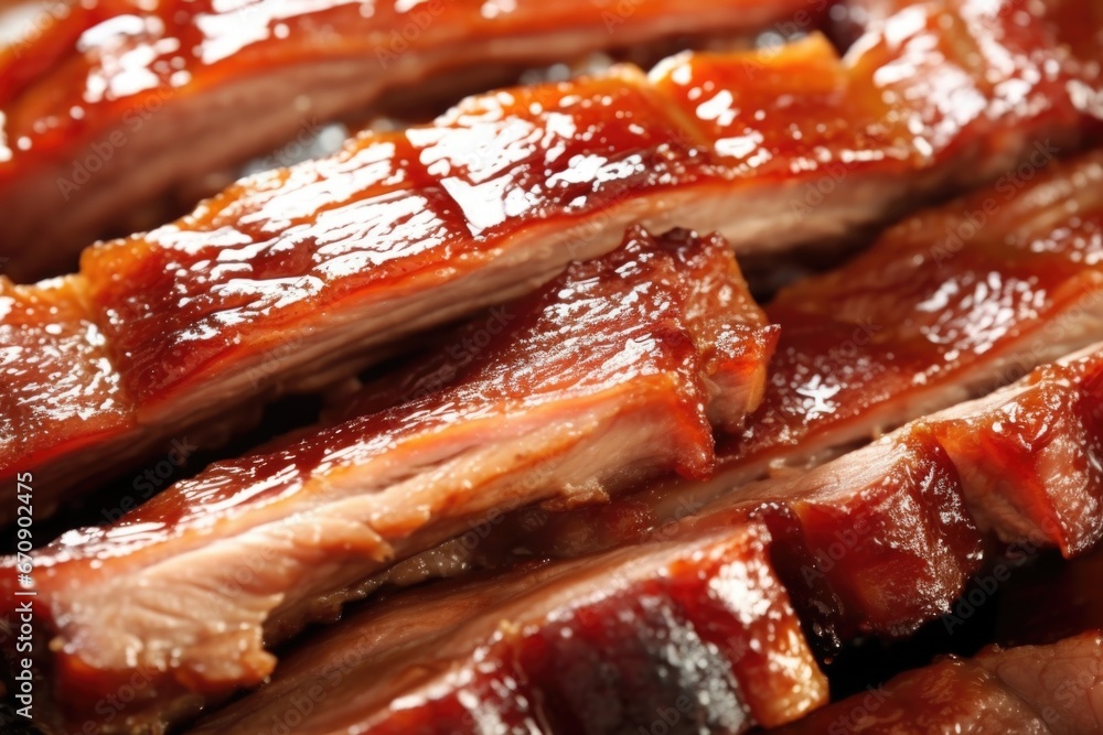 close-up of glossy, shiny glazed pork ribs