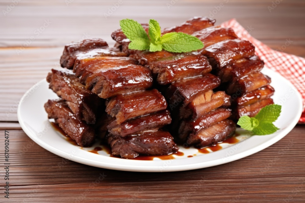 five stacked glazed pork ribs on a porcelain platter