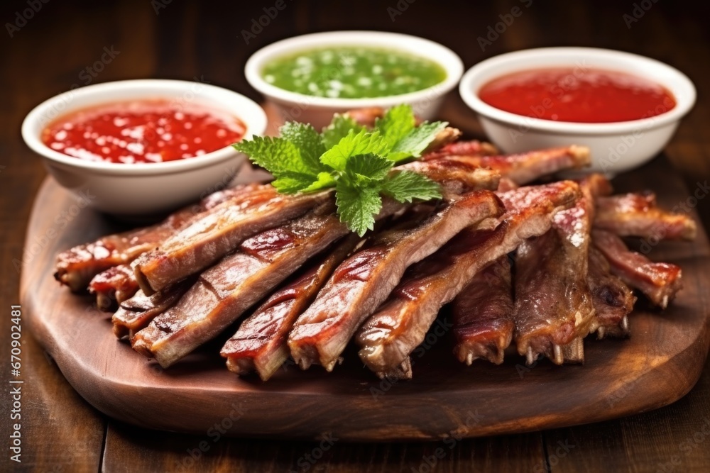 stacked glazed pork ribs with a dipping sauce stacked glazed pork ribs with a dipping sauce