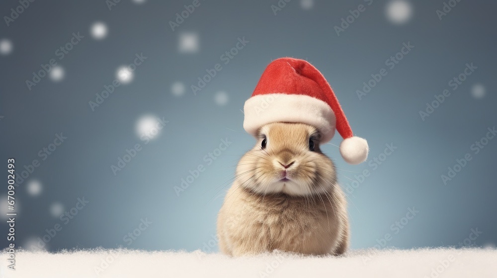 Cute Rabbit with Christmas Hat Isolated on the Minimalist Background

