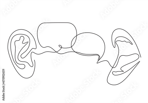 listen and speak icon, voice or sound symbol.Continuous one line logo design.	