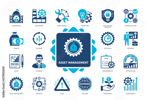 Asset Management icon set. Finance, Infrastructure, Enterprise, Intellectual Property, Optimisation, Governance, Investment, Manager. Duotone color solid icons