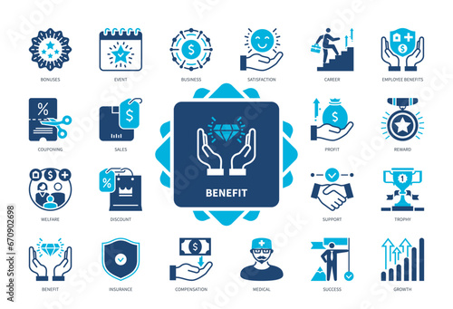 Benefit icon set. Business, Satisfaction, Employees Benefit, Growth, Compensation, Profit, Success, Bonuses. Duotone color solid icons