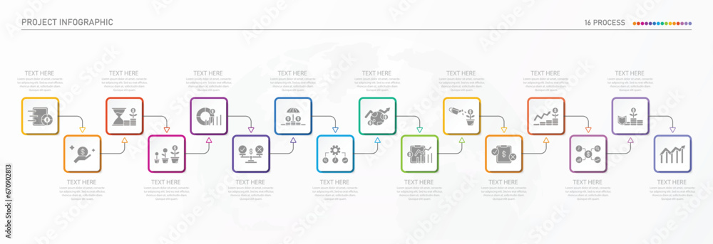 Infographic process design with icons and 16 options or steps. Infographic process design with icons and 16 options or steps.