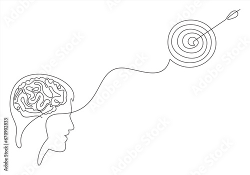 One continuous line drawing of head with target and arrow. Mental health and success focus concept in simple linear style. Editable stroke. Doodle vector illustration Generative AI