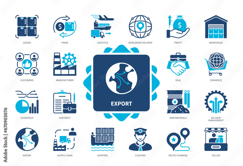 Export icon set. Trade, Supply Chain, Logistics, Customers, Goods, Customs, Manufacturing, Commerce. Duotone color solid icons - obrazy, fototapety, plakaty 